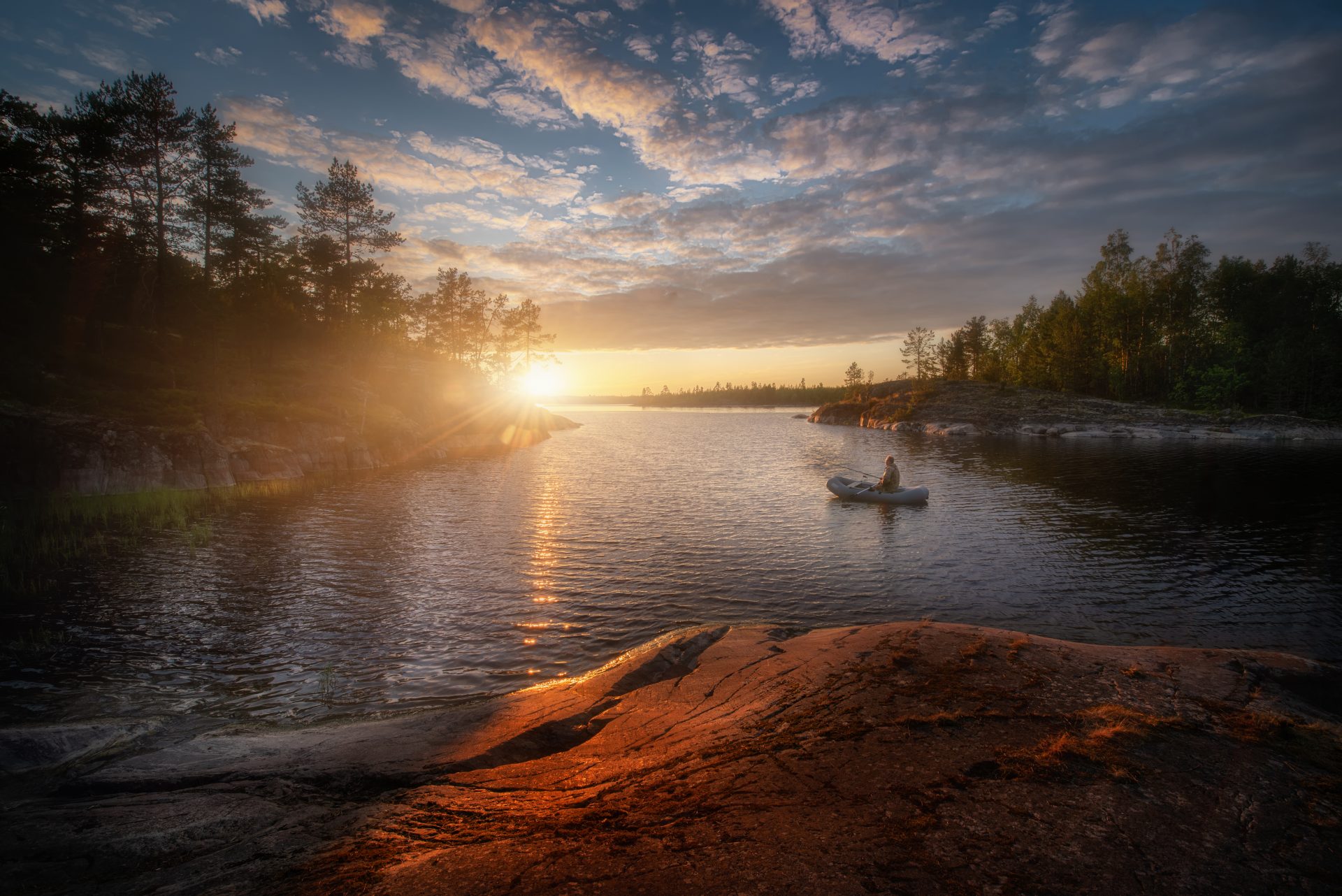 Sunny,Summer,Sunset,On,Lake,Ladoga.,Colorful,Clouds.,Quiet,And